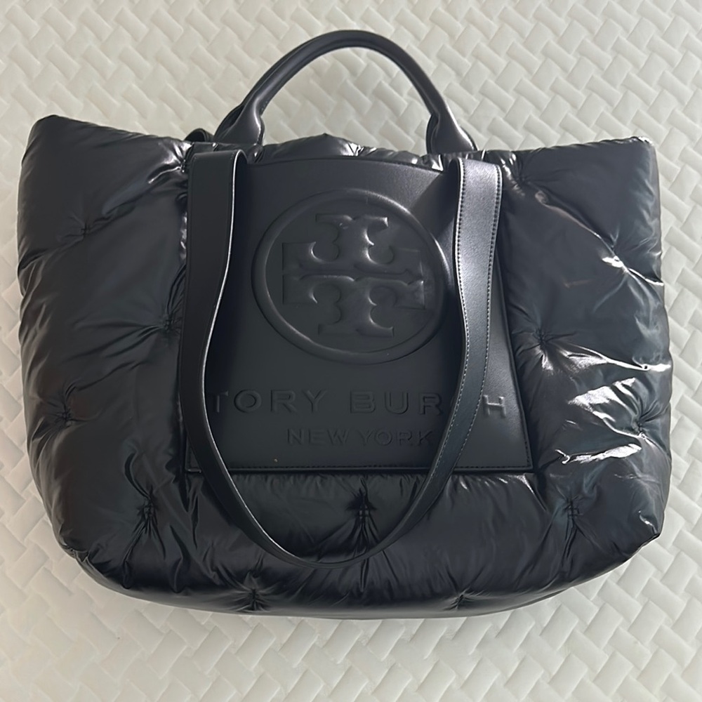 Tory Burch Black Tote Bag with Quilted Material and Roomy Design